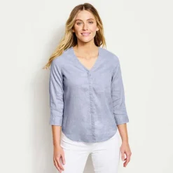 Orvis Shirts|Women'S Performance Linen Three-Quarter-Sleeved Shirt Dusty Blue Chambray