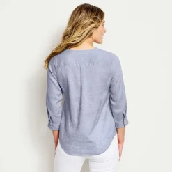 Orvis Shirts|Women'S Performance Linen Three-Quarter-Sleeved Shirt Dusty Blue Chambray